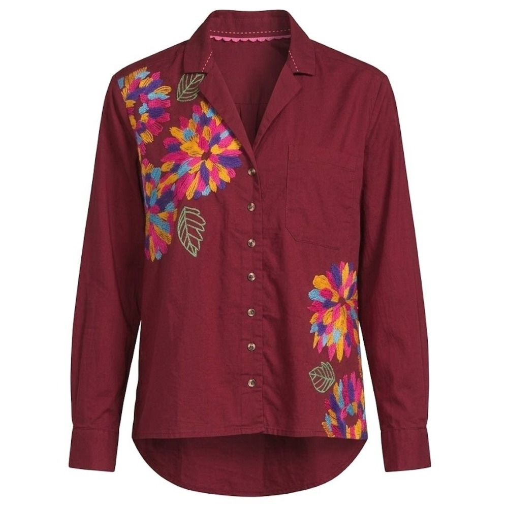 Maeve Anthropologie Burgundy Embroidered Floral Cotton Button Down Shirt Size 2